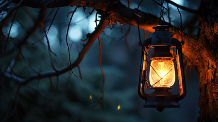 Lantern hanging on a tree in the forest at night.の素材