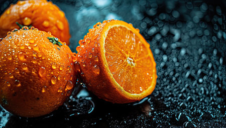 Ripe tangerines with water drops on a black background.の素材