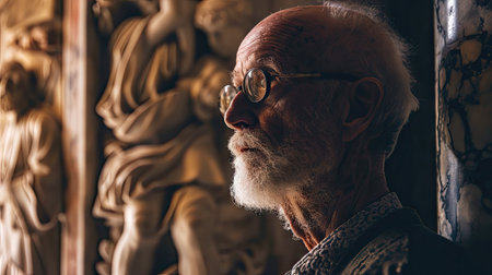 Side view of thoughtful senior man in glasses looking away while standing in churchの素材