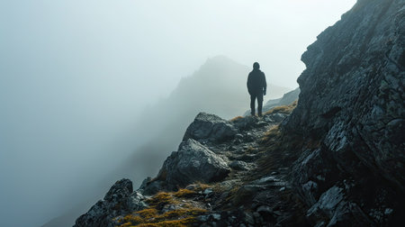 Hiker standing on top of a mountain in a foggy dayの素材