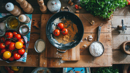 Top view of wooden table with fresh tomatoes, flour, salt and spices.の素材