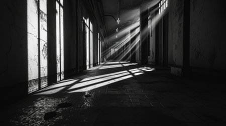 Dark corridor with sunlight, 3d rendering. Computer digital drawing.の素材