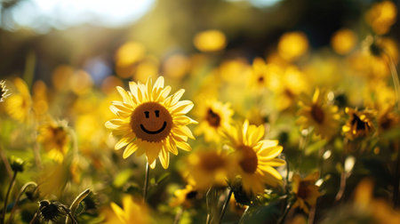 Sunflower with a smiley face on a background of yellow flowersの素材