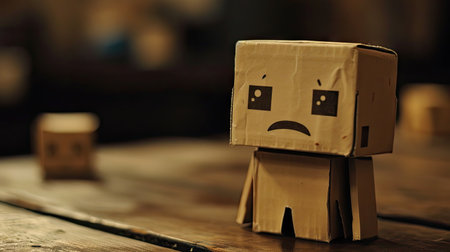 Sad cardboard box with sad face on a wooden table in a cafeの素材