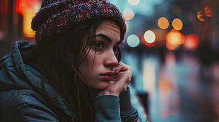 young beautiful brunette woman in the city at night, lifestyle people conceptの素材