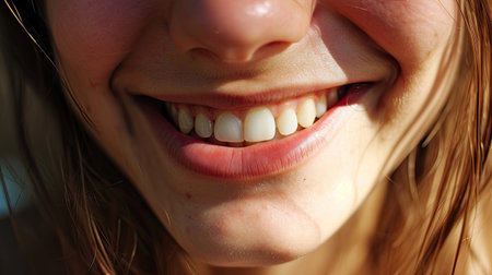 Close up of a beautiful smiling young woman with white teeth in the sunの素材