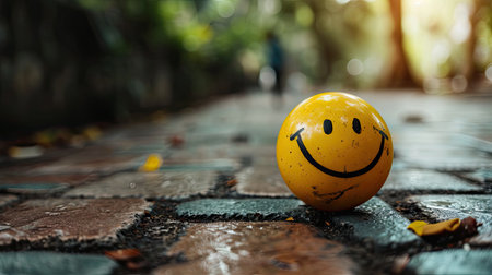 Smiling yellow ball with smiley face on wet cement floor.の素材