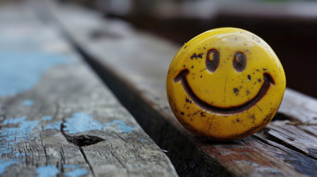 Smiley ball on old wood background, Happy smiley ball.の素材