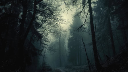 Mysterious dark forest with fog in the background. Black and whiteの素材