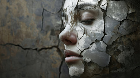 Close-up portrait of a beautiful woman with cracked skin on her faceの素材