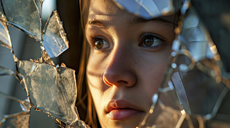 Portrait of a young girl through broken glass. Close-up.の素材