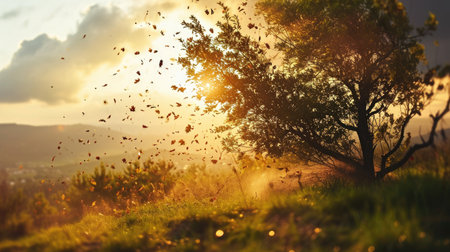 Autumn landscape with tree and sun rays at sunset. Nature backgroundの素材