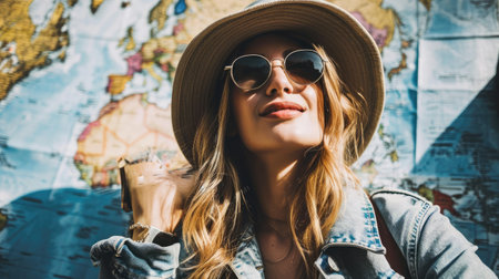 beautiful young woman in hat and sunglasses looking at camera while standing near mapの素材