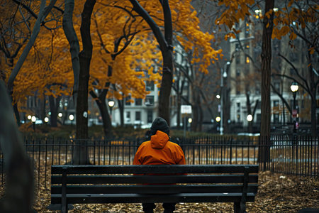 A man in an orange hoodie sits on a bench in the autumn park.の素材
