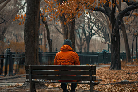 A man in an orange jacket sits on a bench in the park.の素材