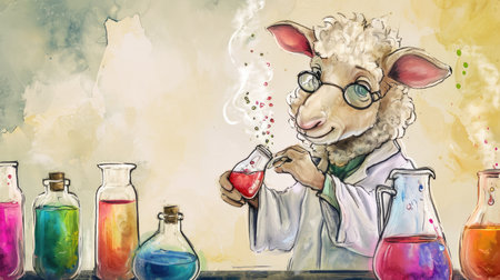 Cartoon sheep scientist with test tubes and flasks. Watercolor illustrationの素材