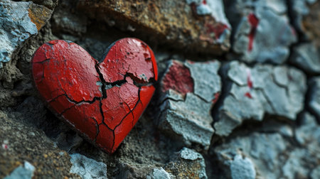 Broken red heart on old stone wall background. Valentines day conceptの素材