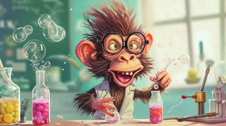 Funny monkey scientist in the laboratory. 3D rendering and illustration.の素材