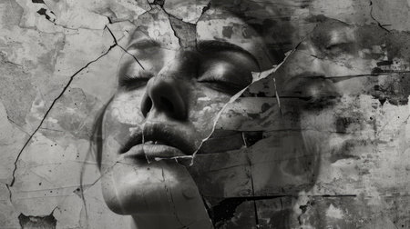 Black and white portrait of a beautiful woman with closed eyes. Grunge background.の素材