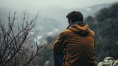 Handsome young man in a brown jacket standing on the edge of a cliff and looking into the distance.の素材