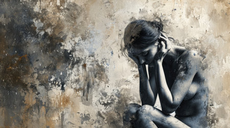 Depressed young woman sitting on the floor with her head in her handsの素材