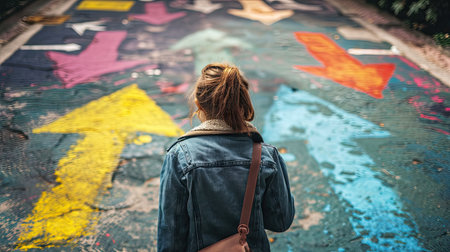 Back view of a girl in a denim jacket and a backpack standing on the street and drawing on the asphaltの素材