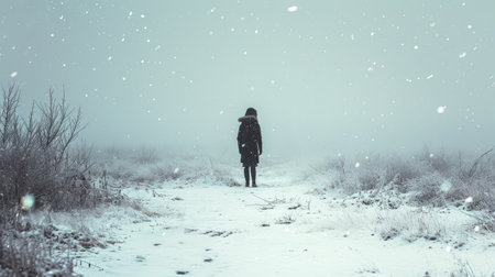 Woman walking on a snowy road in winter. Filtered image processed vintage effect.の素材