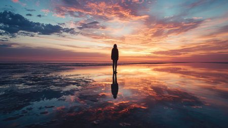 Silhouette of a man with a surfboard in the sea at sunsetの素材