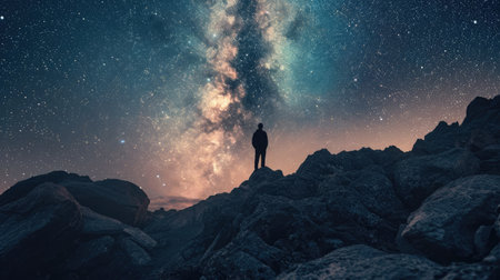 Man standing on the top of the mountain and looking at the milky wayの素材