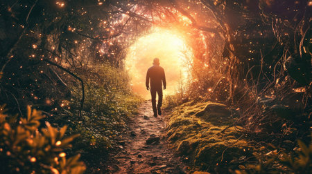 Man walking on a trail in the forest at sunset. 3d renderingの素材