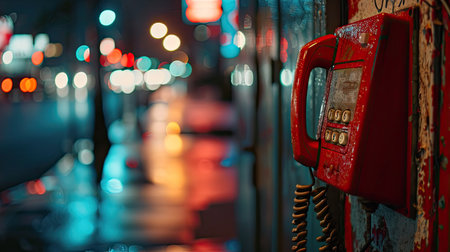 Old red telephone on the street at night. Blurred background.の素材