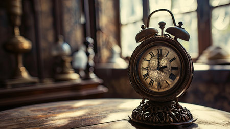 Antique clock on a wooden table in a courtroom or law enforcement officeの素材