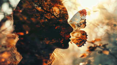 Portrait of a beautiful young woman with closed eyes in the autumn forestの素材