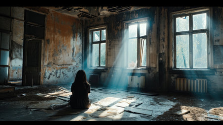The girl is sitting in an old abandoned building. The concept of loneliness and sadness.の素材