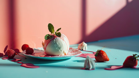 Delicious strawberry ice cream with fresh strawberries and mint on blue backgroundの素材