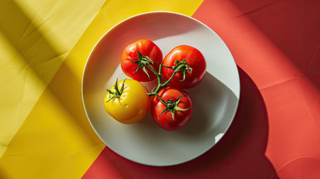 Tomatoes in a white plate on a yellow and red background.の素材