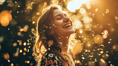 Beautiful young woman with flying confetti in the park. Happy girl on the background of the forest.の素材