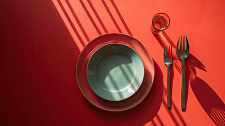 Empty plate, fork and knife on red background. Top view.の素材