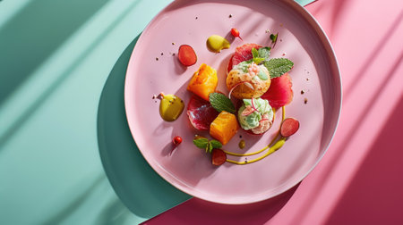 Plate with delicious fruit salad on color background, top view. Dessertの素材