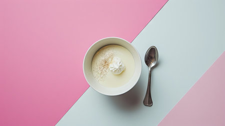 Coffee with whipped cream and spoon on pink and blue backgroundの素材