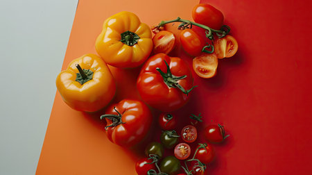 red and yellow tomatoes on a red and orange background, copy spaceの素材