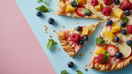 Pizza with berries and mozzarella on blue and pink backgroundの素材