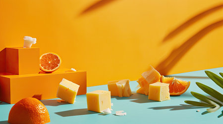 Tangerines, slices of orange and soap bars on blue backgroundの素材