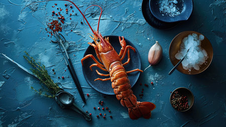 Cooked crayfish and ingredients for cooking on a blue backgroundの素材
