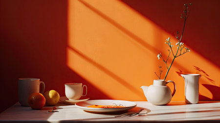 Cup of coffee with croissants on table in morning lightの素材