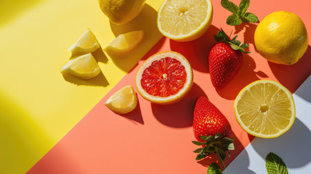 Lemon, lime, strawberry and mint on a colored background. Flat lay.の素材