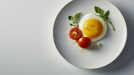 Fried egg with tomato and parsley on a white plate.の素材