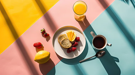 top view of tasty breakfast with toast, coffee and fruits on colorful backgroundの素材
