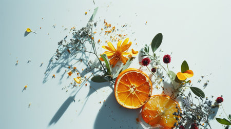 Creative composition with dried flowers and orange slices on a white backgroundの素材
