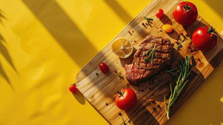steak on cutting board with rosemary and tomatoes on yellow backgroundの素材